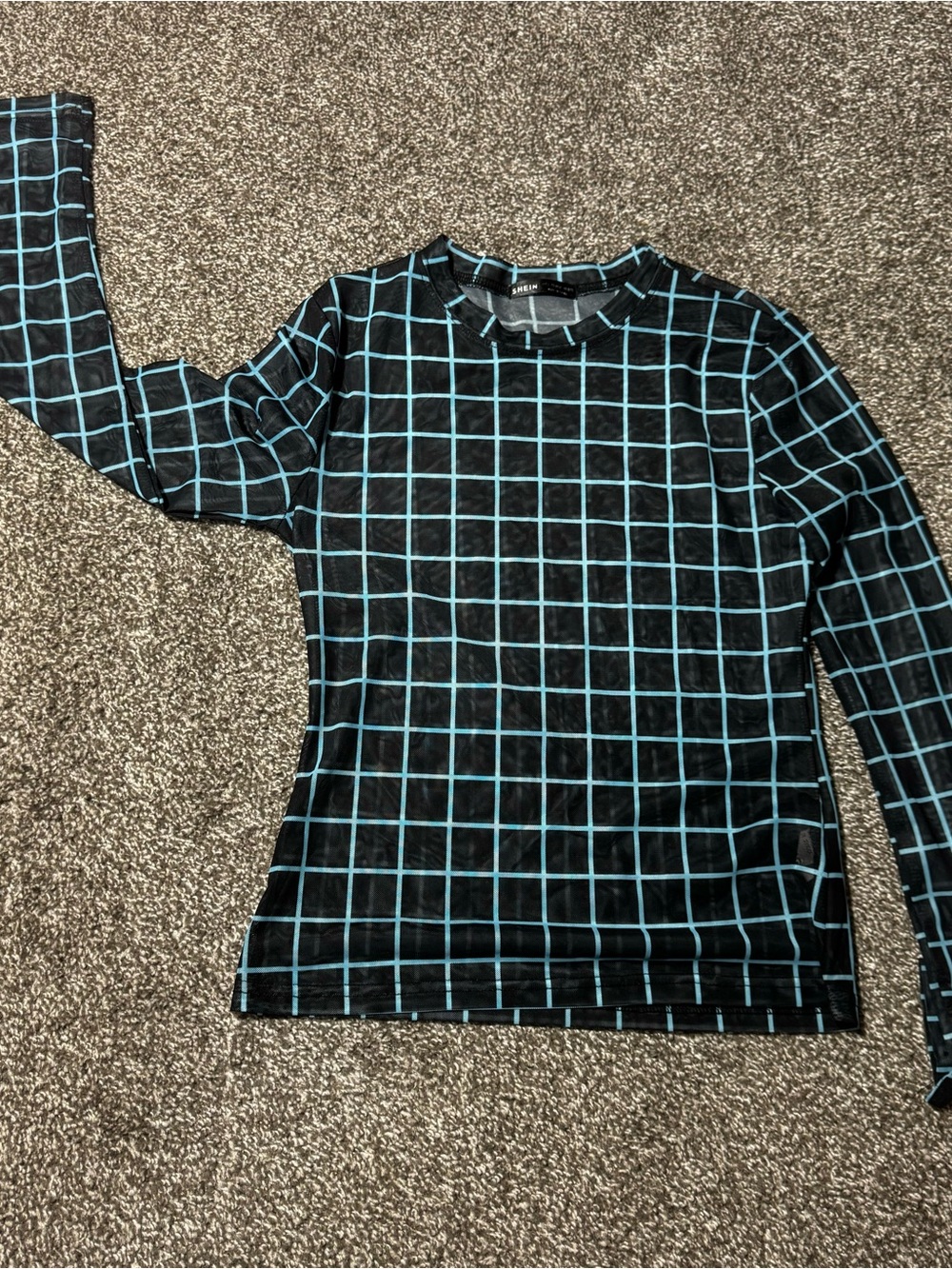SHEIN Black Long Sleeve Mesh Top with Blue Grid